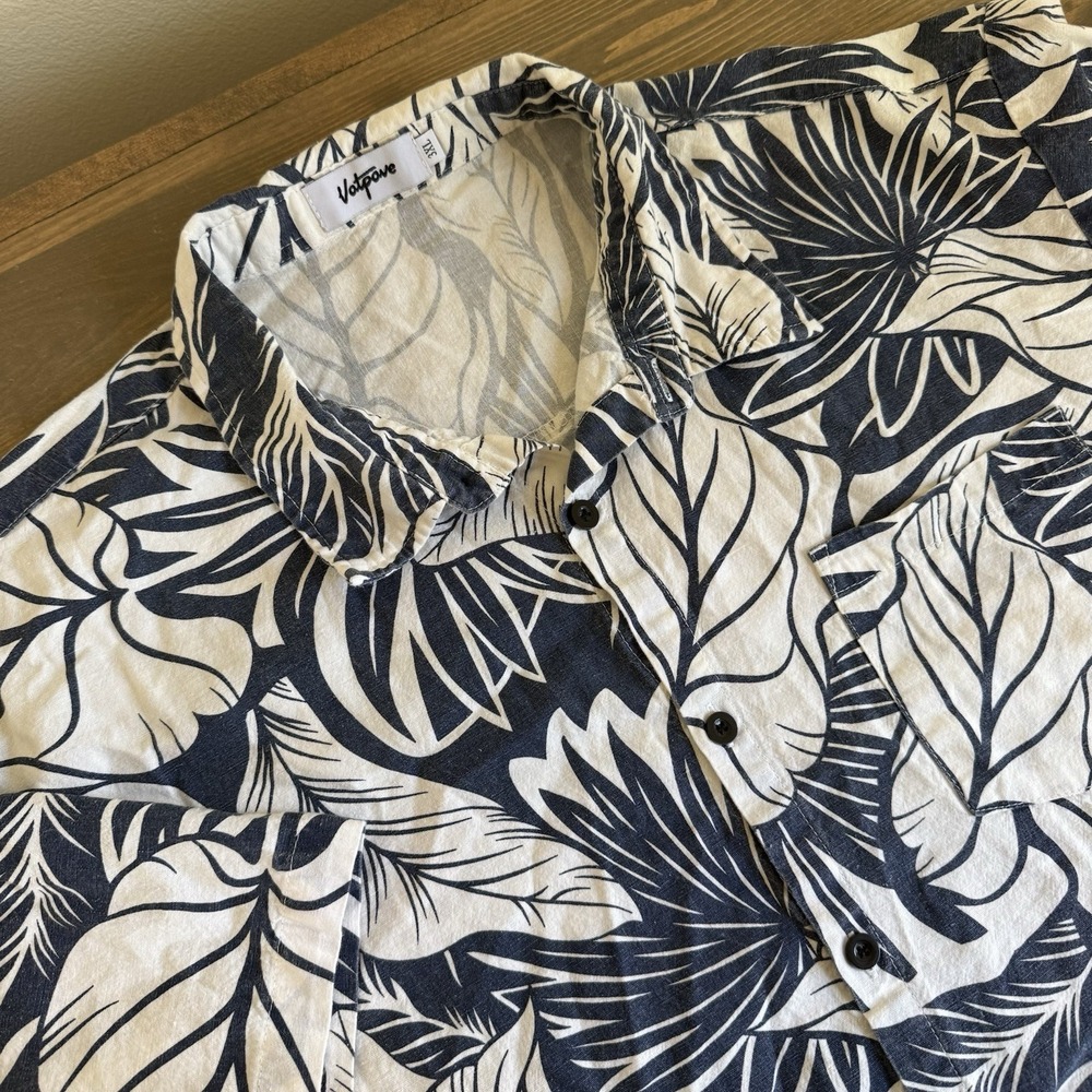 Vatpave Men's 3XL White Blue Floral Linen Blend Short Sleeve Button Up Shirt